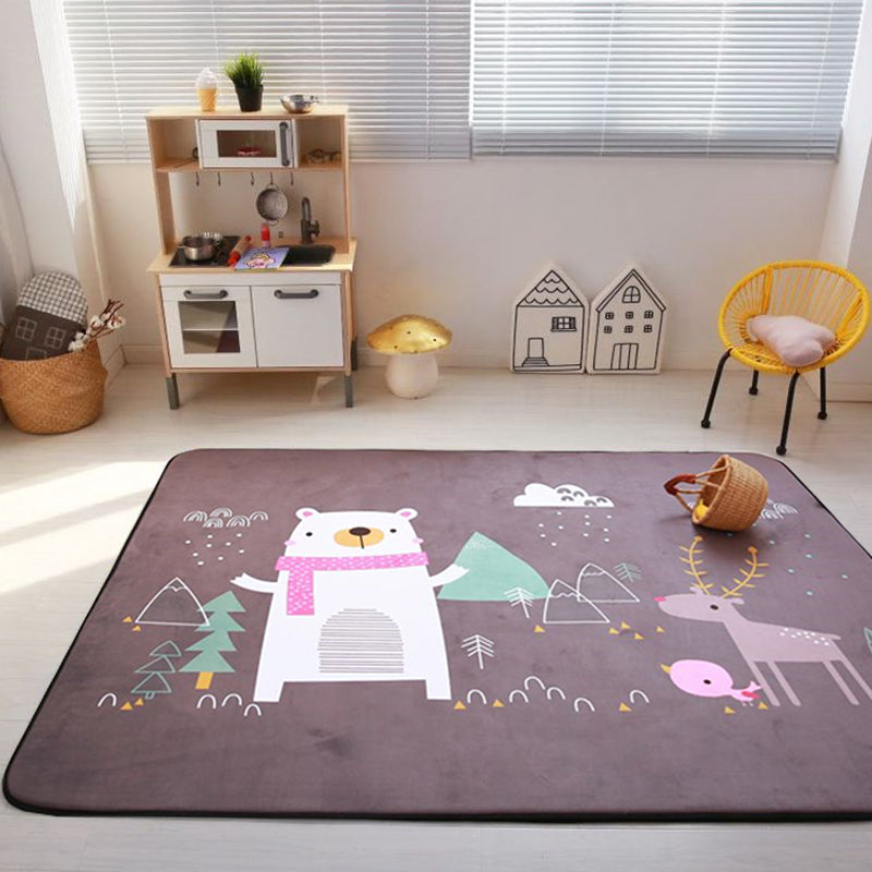 Grey and Blue Nursery Rug Kids Animal Elephant Bear Rabbit Pattern Area Rug Wool Anti-Slip Backing Carpet Dark Brown 4'11