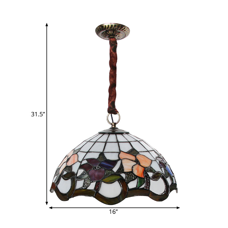 White 3 Heads Suspension Light Tiffany-Style Stained Glass Scalloped Chandelier Lamp Clearhalo 'Ceiling Lights' 'Chandeliers' 'Industrial' 'Middle Century Chandeliers' 'Tiffany Chandeliers' 'Tiffany close to ceiling' 'Tiffany' Lighting' 1694122