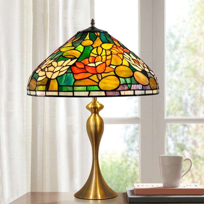 1 Head Night Light Vintage Conical Multicolored Stained Glass Desk Lamp with Lotus Pattern in Brass Brass Clearhalo 'Lamps' 'Table Lamps' Lighting' 1694261