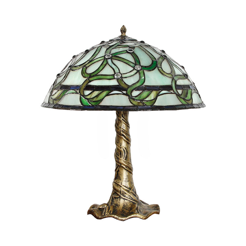 Bowl Hand-Cut Stained Glass Table Light Baroque 1 Bulb Brass Night Lamp with Pull Chains Clearhalo 'Lamps' 'Table Lamps' Lighting' 1694381