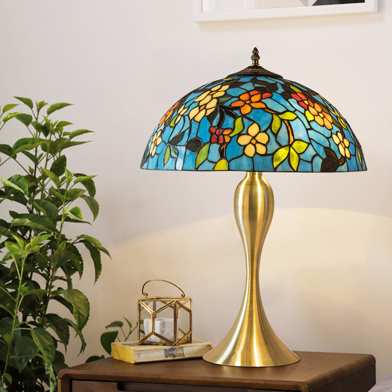 Dome Stained Glass Nightstand Lamp Mediterranean 1-Light Blue Task Lighting with Flower Pattern Brass Clearhalo 'Lamps' 'Table Lamps' Lighting' 1694383