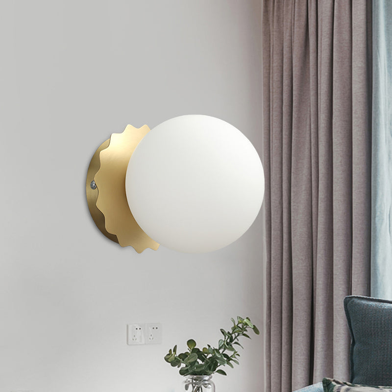 White Glass Globe Wall Sconce Light Modernism 1-Bulb Gold Wall Lighting for Bedroom Gold Clearhalo 'Wall Lamps & Sconces' 'Wall Lights' Lighting' 1694469