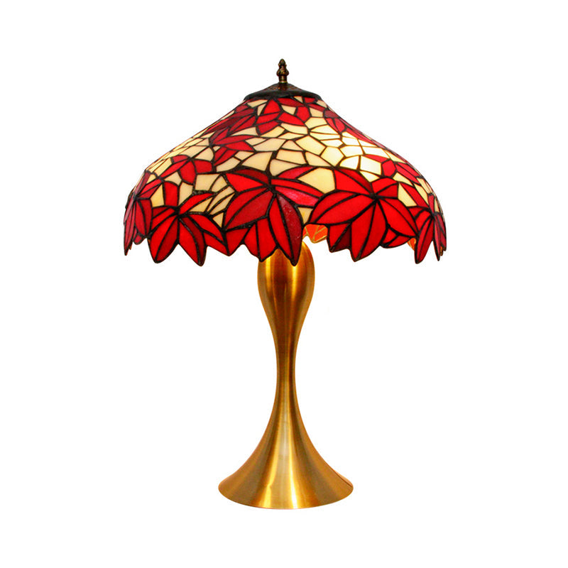 Traditional Leaf-Edge Bowl Desk Lamp 1 Bulb Handcrafted Stained Glass Night Light with Pull Chains in Red Clearhalo 'Lamps' 'Table Lamps' Lighting' 1694894