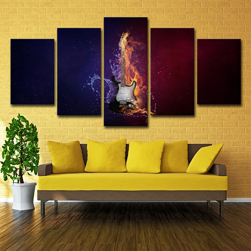 Water and Fire Guitar Canvas Print Contemporary Multi-Piece Wall Art Decor in Black Clearhalo 'Art Gallery' 'Canvas Art' 'Contemporary Art Gallery' 'Modern' Arts' 1695284
