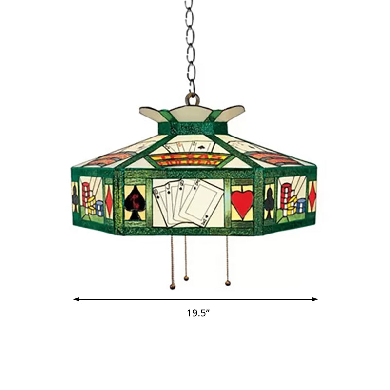 Poker Hanging Lamp Tiffany-Style 3 Bulbs White-Yellow/Green-White Handcrafted Art Glass Pendant Light Fixture, 18