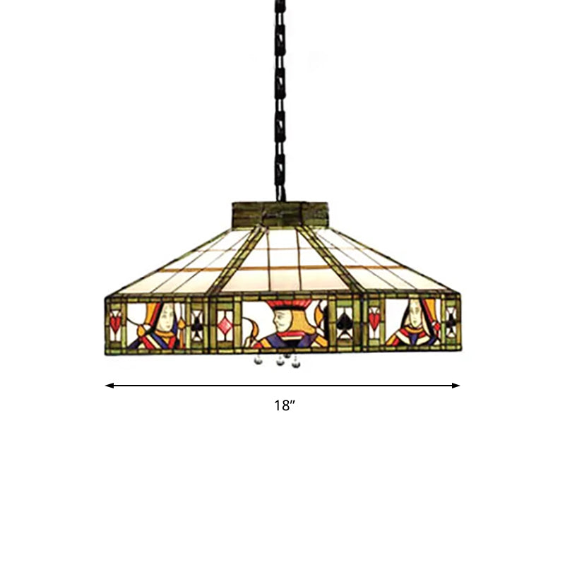 Poker Hanging Lamp Tiffany-Style 3 Bulbs White-Yellow/Green-White Handcrafted Art Glass Pendant Light Fixture, 18