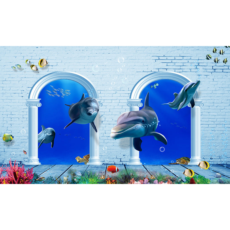 Aquarium Sea Life Mural Wallpaper Kids Style Non-Woven Fabric Wall Covering in Blue Clearhalo 'Wall Decor' 'Wall Mural' 1696589