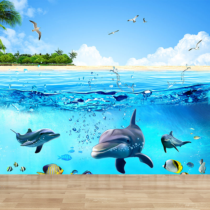 Aquarium Sea Life Mural Wallpaper Kids Style Non-Woven Fabric Wall Covering in Blue Clearhalo 'Wall Decor' 'Wall Mural' 1696598