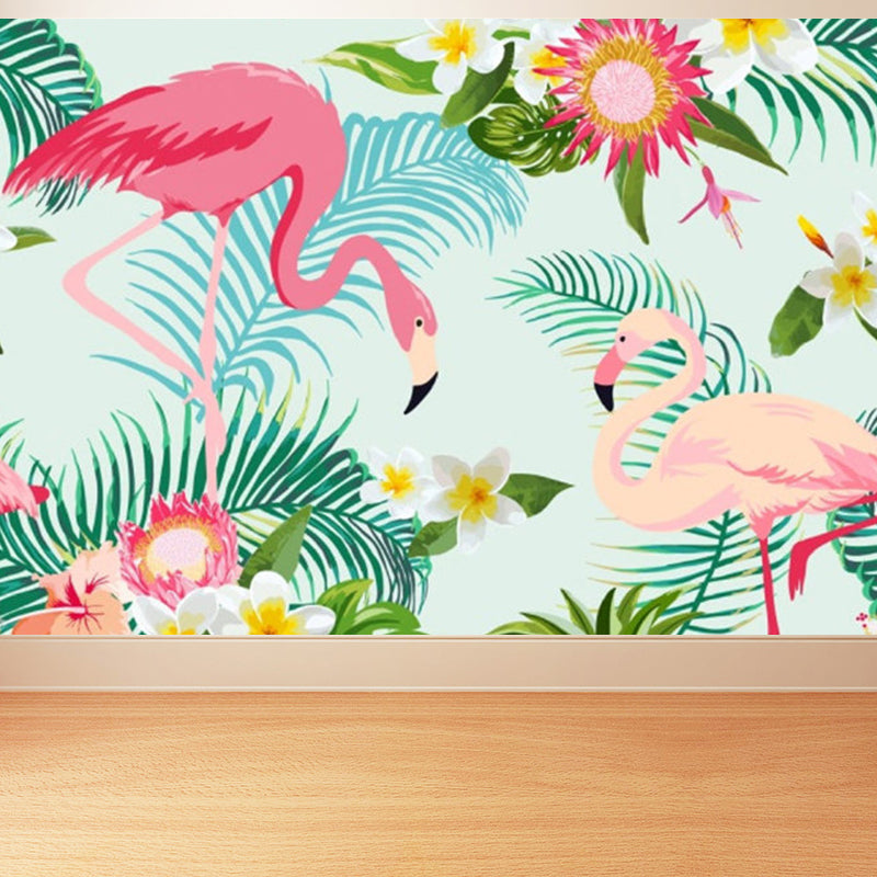 Standing Flamingos Mural Wallpaper for Dining Room, Green, Custom Size Available Clearhalo 'Wall Decor' 'Wall Mural' 1696718