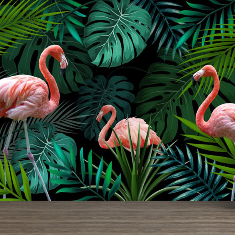 Green Botanics Wallpaper Mural Flamingo Tropical Waterproof Wall Decor for Bedroom Green Clearhalo 'Wall Decor' 'Wall Mural' 1696798