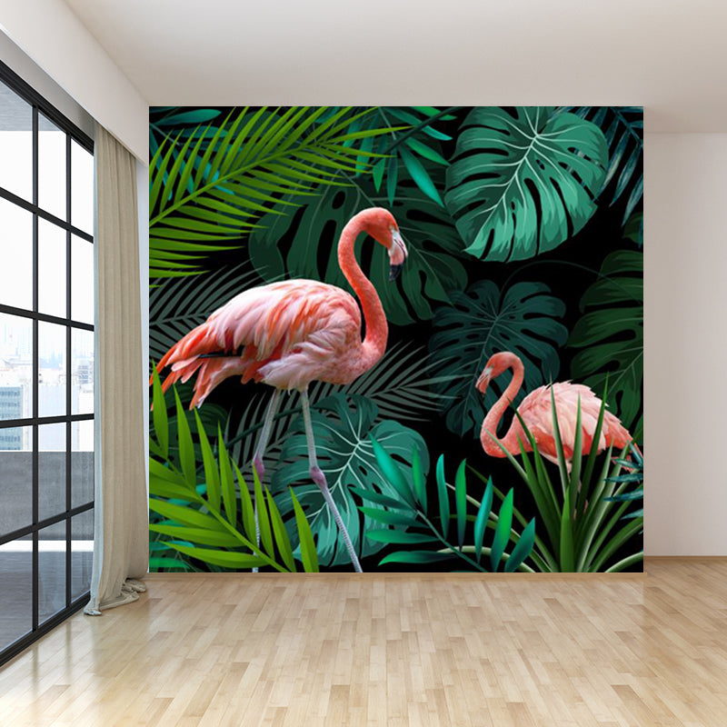 Green Botanics Wallpaper Mural Flamingo Tropical Waterproof Wall Decor for Bedroom Clearhalo 'Wall Decor' 'Wall Mural' 1696799