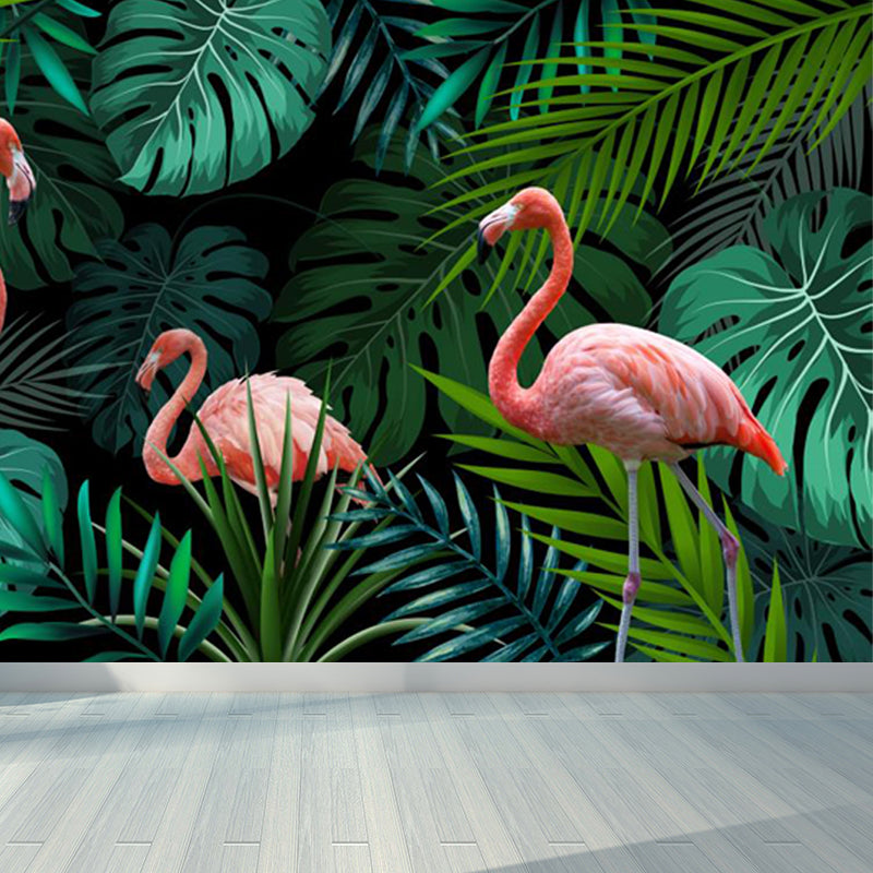 Green Botanics Wallpaper Mural Flamingo Tropical Waterproof Wall Decor for Bedroom Clearhalo 'Wall Decor' 'Wall Mural' 1696800