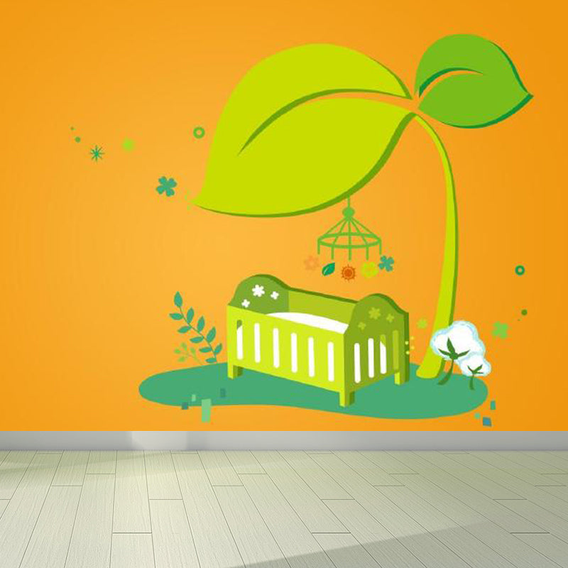 Cartoon Baby Crib Mural Decal for Nursery Customized Wall Covering in Green on Orange Orange Clearhalo 'Wall Decor' 'Wall Mural' 1696833