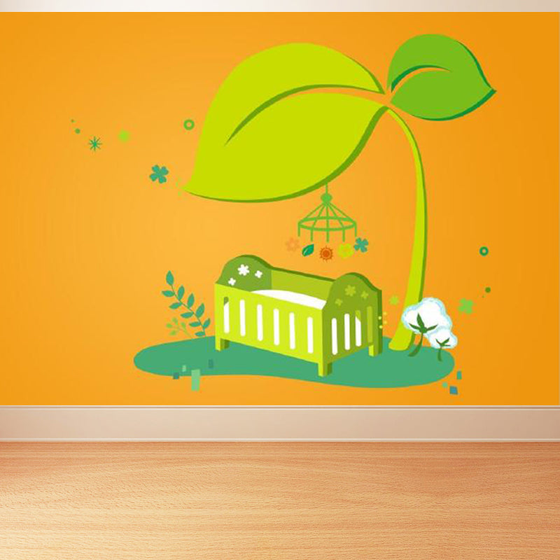 Cartoon Baby Crib Mural Decal for Nursery Customized Wall Covering in Green on Orange Clearhalo 'Wall Decor' 'Wall Mural' 1696834