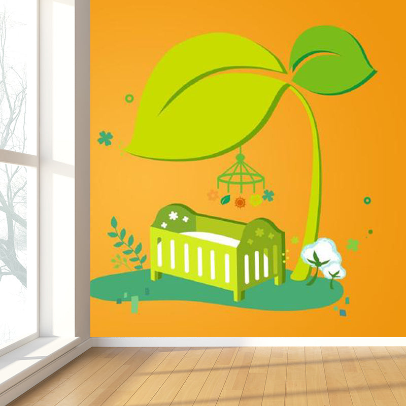 Cartoon Baby Crib Mural Decal for Nursery Customized Wall Covering in Green on Orange Clearhalo 'Wall Decor' 'Wall Mural' 1696835