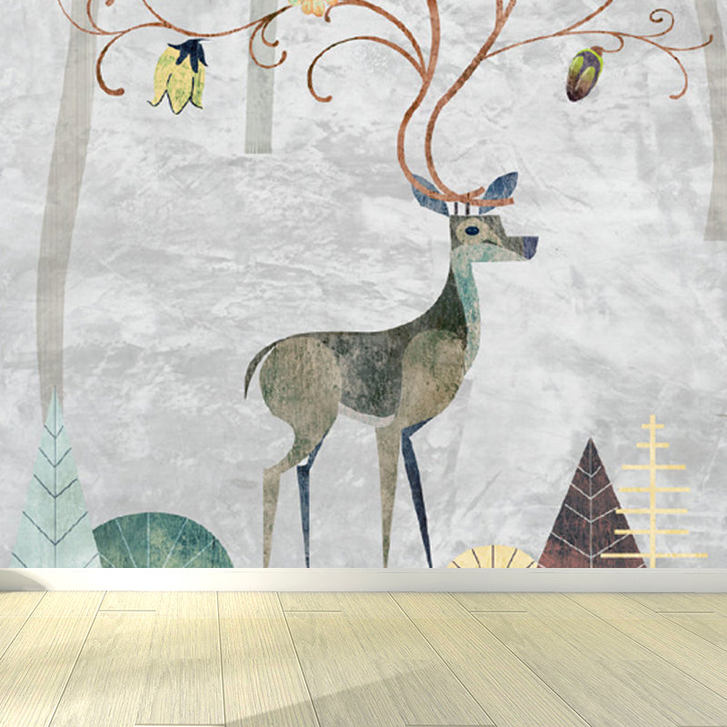 Grey Deer Wall Paper Mural Moisture Resistant Cartoon Kids Bedroom Wall Covering Grey Clearhalo 'Wall Decor' 'Wall Mural' 1696838