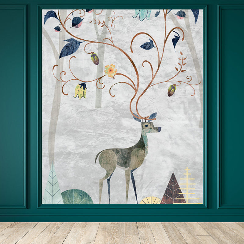 Grey Deer Wall Paper Mural Moisture Resistant Cartoon Kids Bedroom Wall Covering Clearhalo 'Wall Decor' 'Wall Mural' 1696839