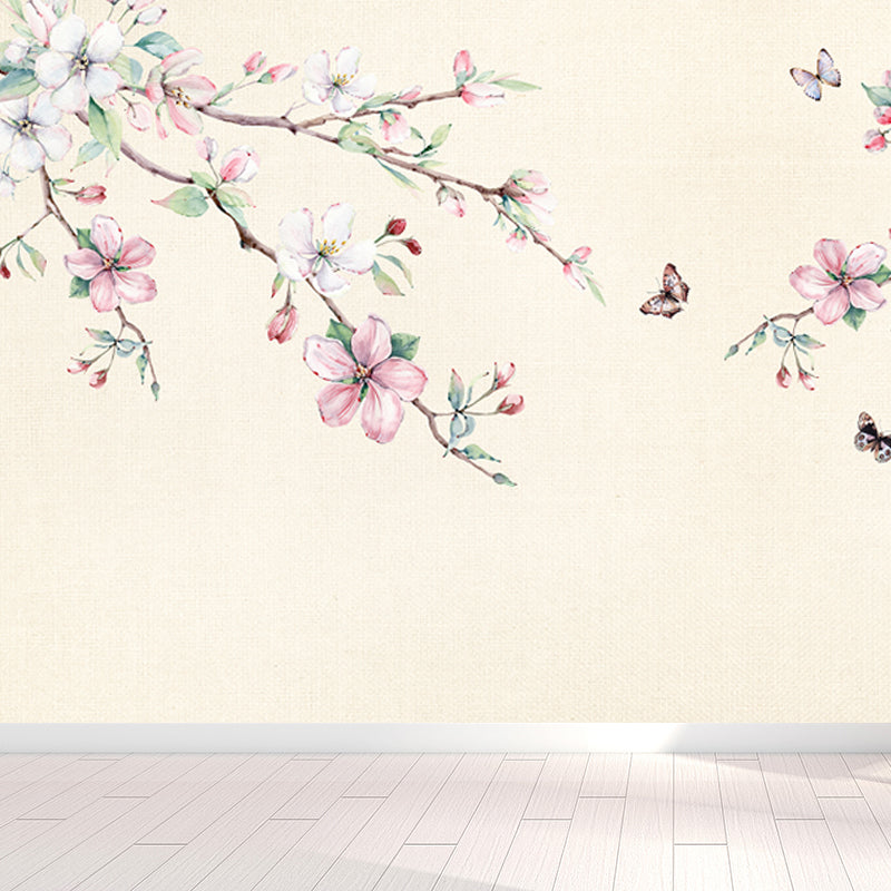 Hand Printed Peach Blossom Mural Wallpaper Modern Non-Woven Wall Covering in Pink Clearhalo 'Wall Decor' 'Wall Mural' 1697283