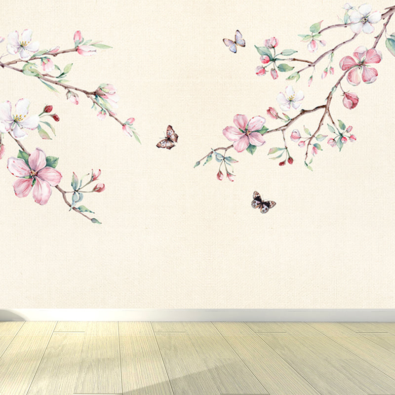 Hand Printed Peach Blossom Mural Wallpaper Modern Non-Woven Wall Covering in Pink Clearhalo 'Wall Decor' 'Wall Mural' 1697284