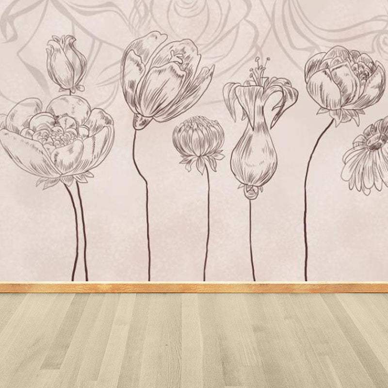 Pencil Drawing Flowers Wall Mural Pink Modern Style Walll Art for House Interior Clearhalo 'Wall Decor' 'Wall Mural' 1697308