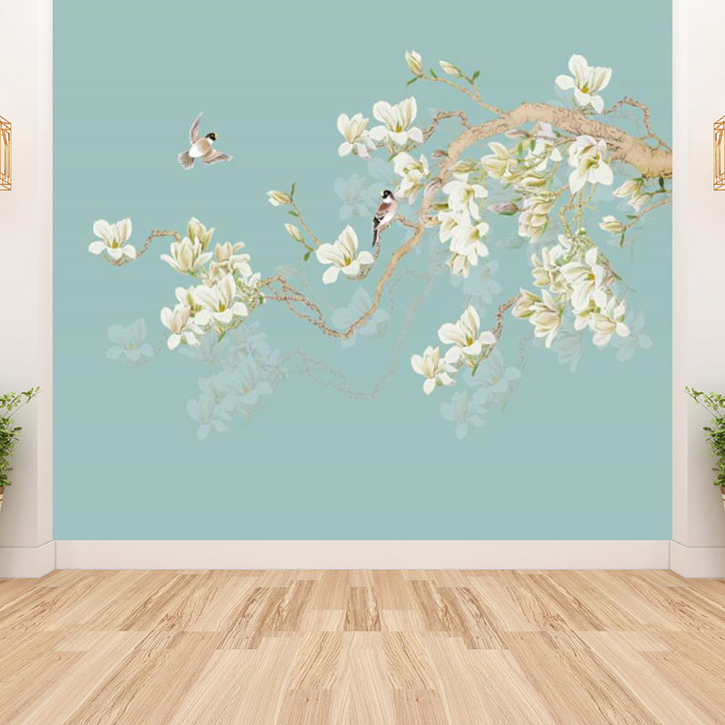 Whole Modern Mural Decal Blue Bird and Blooming Flowers Wall Decor, Made to Measure Clearhalo 'Wall Decor' 'Wall Mural' 1697318