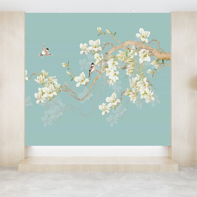 Whole Modern Mural Decal Blue Bird and Blooming Flowers Wall Decor, Made to Measure Clearhalo 'Wall Decor' 'Wall Mural' 1697319