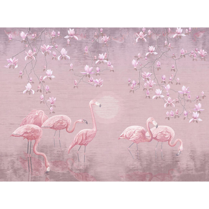 Lotus Pond Flamingo Wall Mural Tropical Non-Woven Material Wall Decor for Bedroom Clearhalo 'Wall Decor' 'Wall Mural' 1697325