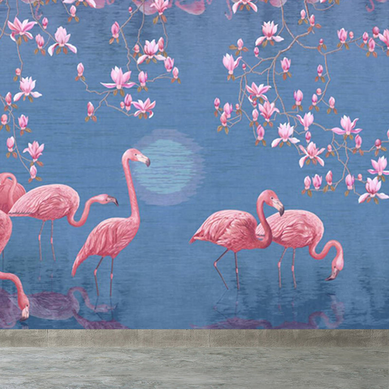 Lotus Pond Flamingo Wall Mural Tropical Non-Woven Material Wall Decor for Bedroom Clearhalo 'Wall Decor' 'Wall Mural' 1697334