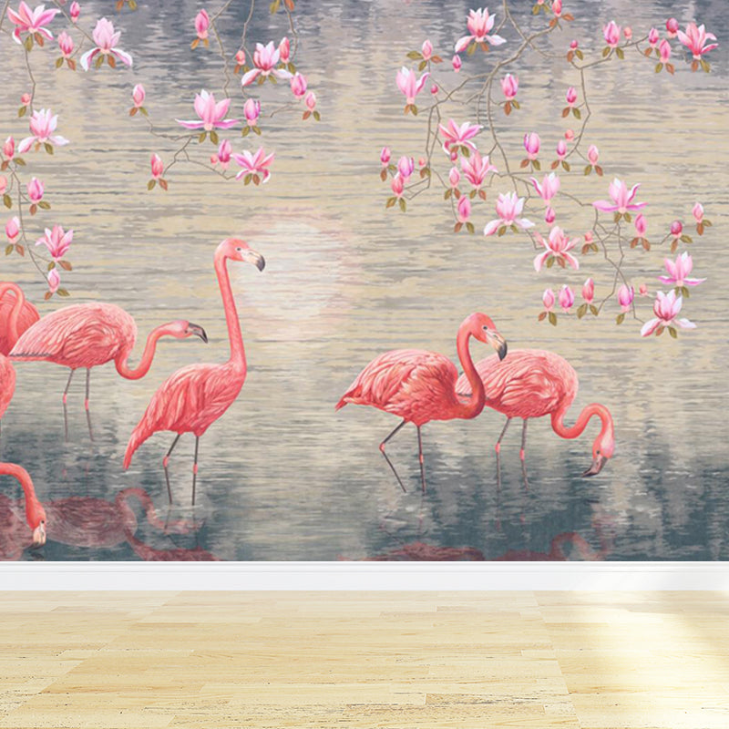 Lotus Pond Flamingo Wall Mural Tropical Non-Woven Material Wall Decor for Bedroom Clearhalo 'Wall Decor' 'Wall Mural' 1697339