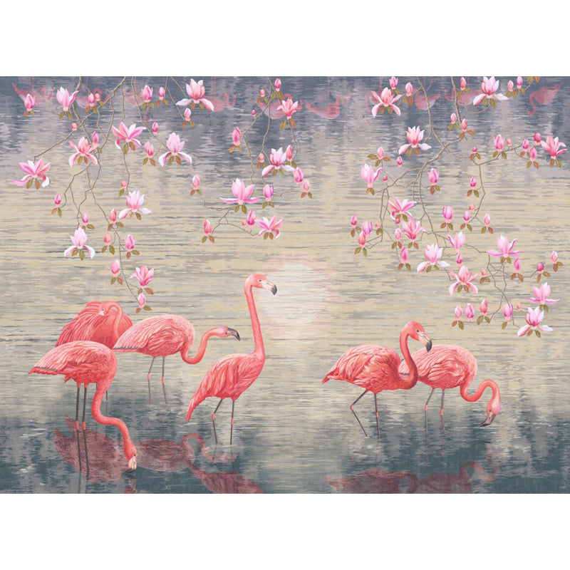 Lotus Pond Flamingo Wall Mural Tropical Non-Woven Material Wall Decor for Bedroom Clearhalo 'Wall Decor' 'Wall Mural' 1697340