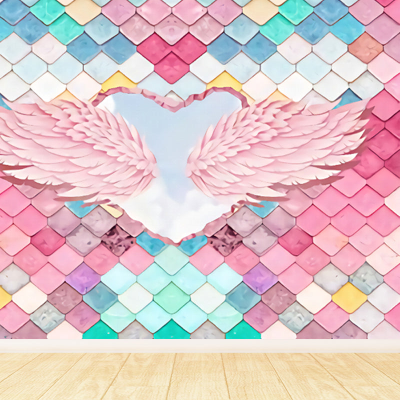 Pink Feather Wall Mural Wings with Fishscale Tile Modern Stain Resistant Wall Covering Clearhalo 'Wall Decor' 'Wall Mural' 1697431