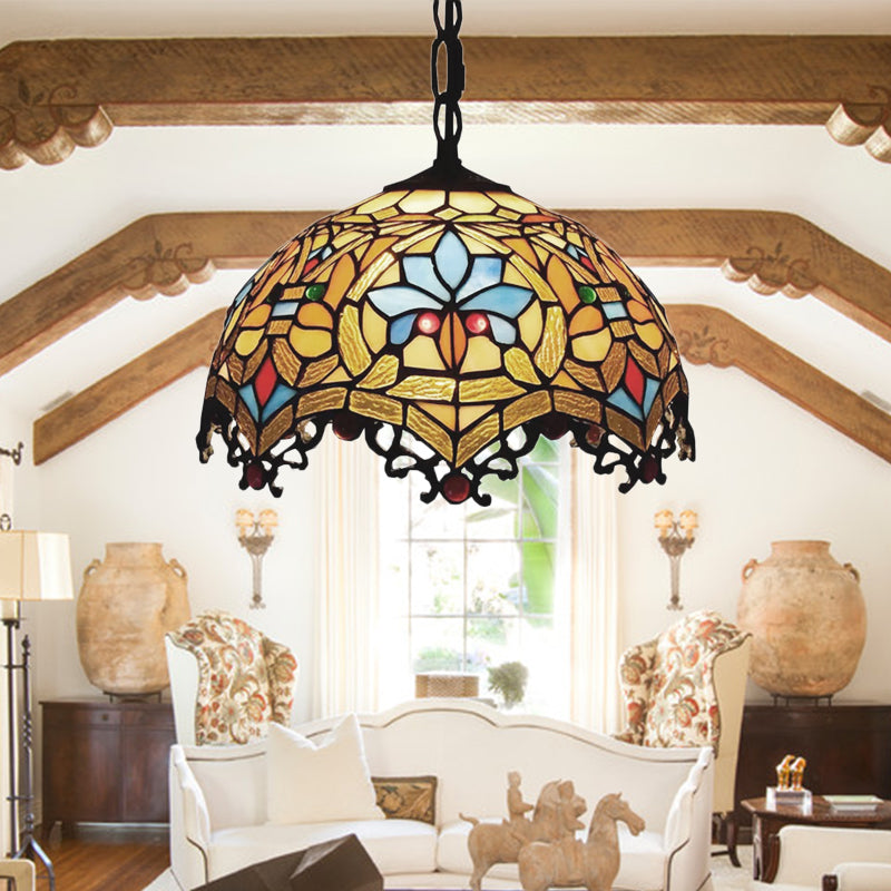 Victorian Style Hanging Lights for Dining Table, Stained Glass Domed Ceiling Fixture Yellow 16