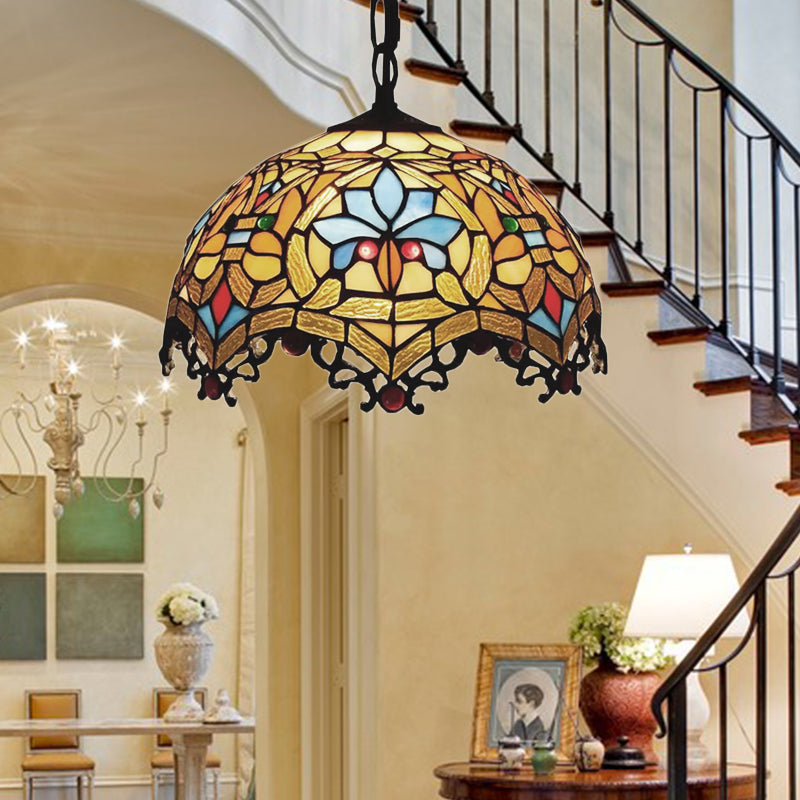 Victorian Style Hanging Lights for Dining Table, Stained Glass Domed Ceiling Fixture Yellow 12