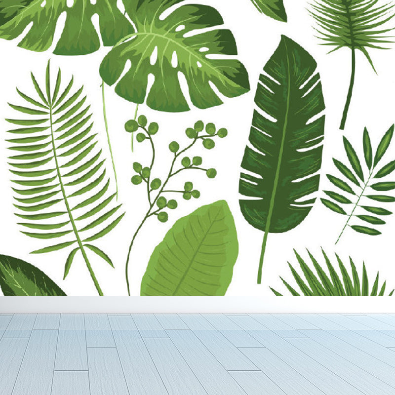 Illustration Style Leaves Print Mural Giant Wall Covering for Dining Room, Custom Green Clearhalo 'Wall Decor' 'Wall Mural' 1697583