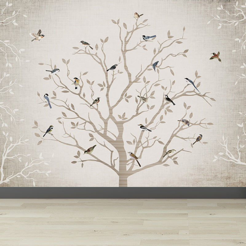 Non-Woven Whole Grey Mural Modern Bare Tree with Birds Wall Covering, Made to Measure Grey Clearhalo 'Wall Decor' 'Wall Mural' 1697613