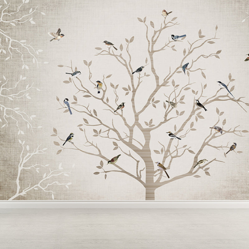 Non-Woven Whole Grey Mural Modern Bare Tree with Birds Wall Covering, Made to Measure Clearhalo 'Wall Decor' 'Wall Mural' 1697614