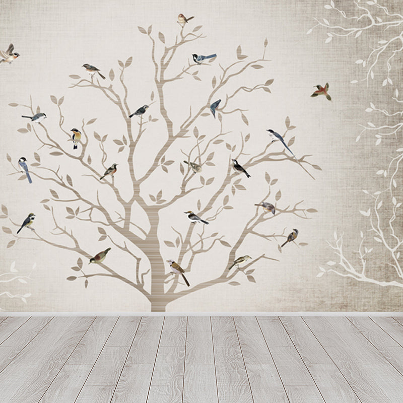 Non-Woven Whole Grey Mural Modern Bare Tree with Birds Wall Covering, Made to Measure Clearhalo 'Wall Decor' 'Wall Mural' 1697615