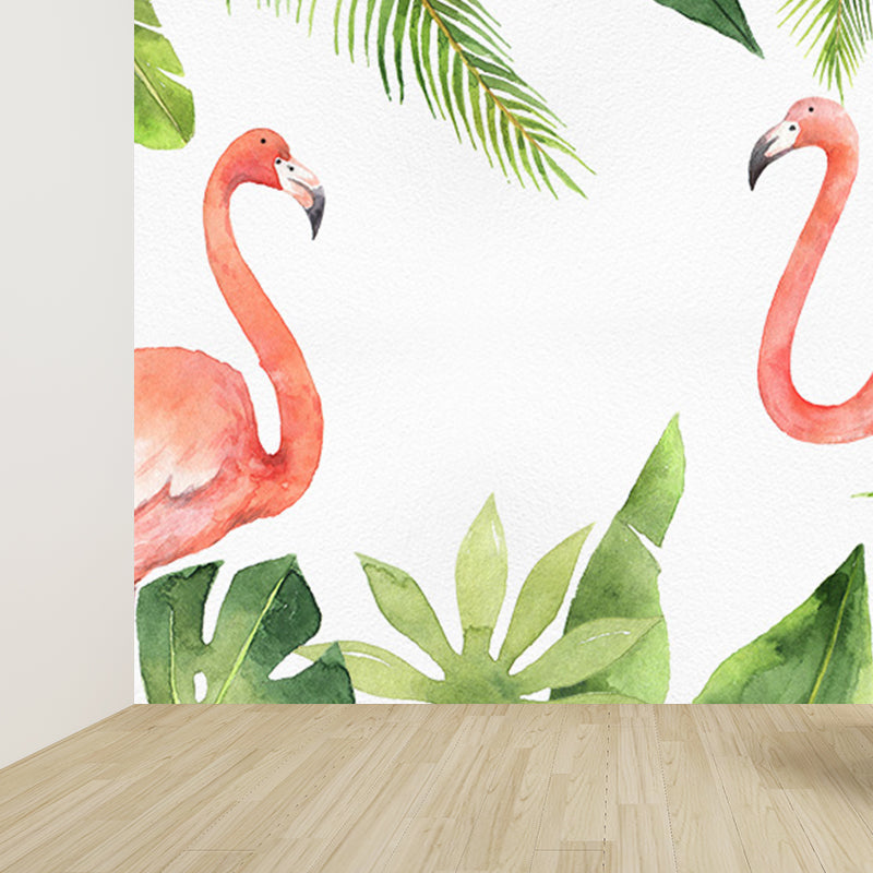 Tropix Flamingo and Plant Mural Light Color Stain Resistant Wall Art for Bedroom Clearhalo 'Wall Decor' 'Wall Mural' 1697821