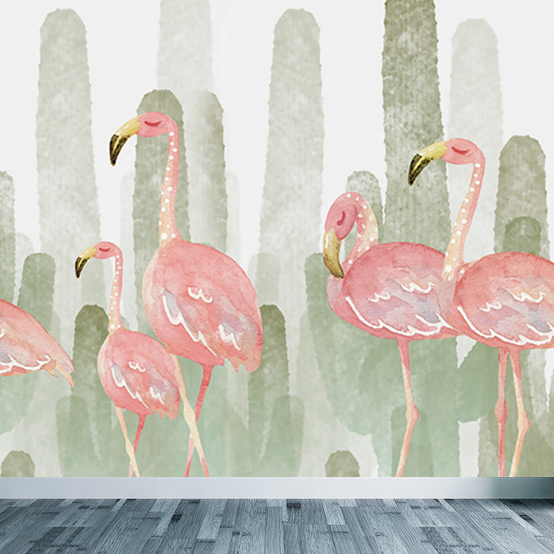 Tropix Flamingo and Plant Mural Light Color Stain Resistant Wall Art for Bedroom Clearhalo 'Wall Decor' 'Wall Mural' 1697827