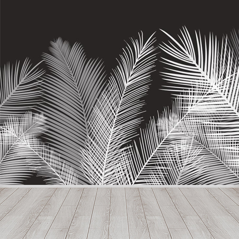 Areca Palm Leaves Mural Decal Tropix Non-Woven Cloth Wall Decor in White on Black Clearhalo 'Wall Decor' 'Wall Mural' 1697991