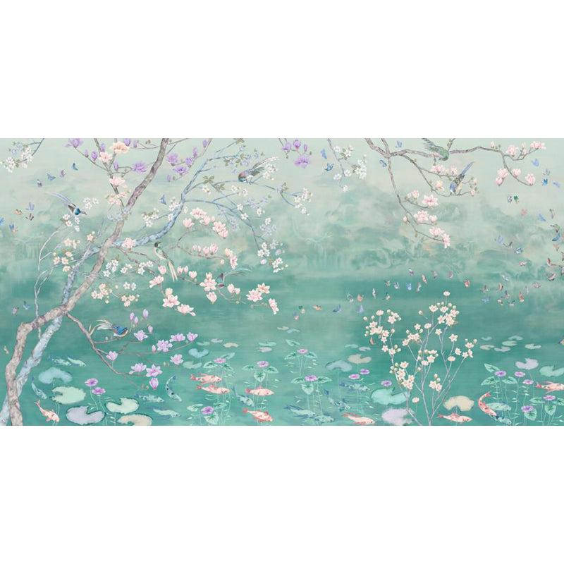 Spring Blossom Lotus Pond Mural Contemporary Waterproof Bedroom Wall Covering, Custom Made Clearhalo 'Wall Decor' 'Wall Mural' 1697998