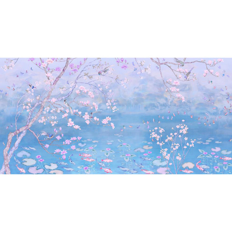 Spring Blossom Lotus Pond Mural Contemporary Waterproof Bedroom Wall Covering, Custom Made Clearhalo 'Wall Decor' 'Wall Mural' 1698003