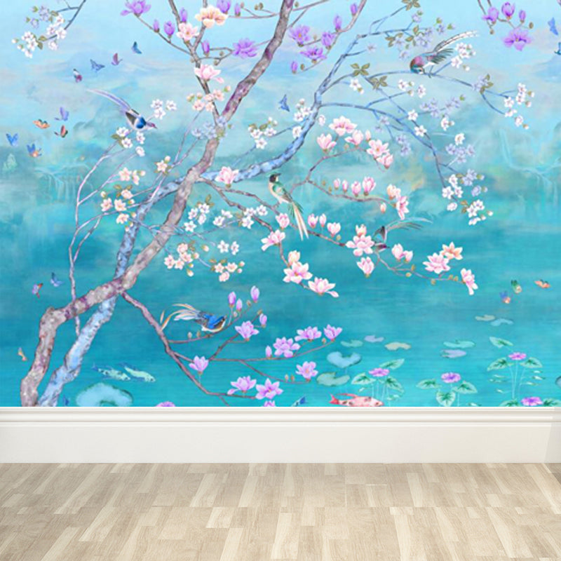 Spring Blossom Lotus Pond Mural Contemporary Waterproof Bedroom Wall Covering, Custom Made Clearhalo 'Wall Decor' 'Wall Mural' 1698006