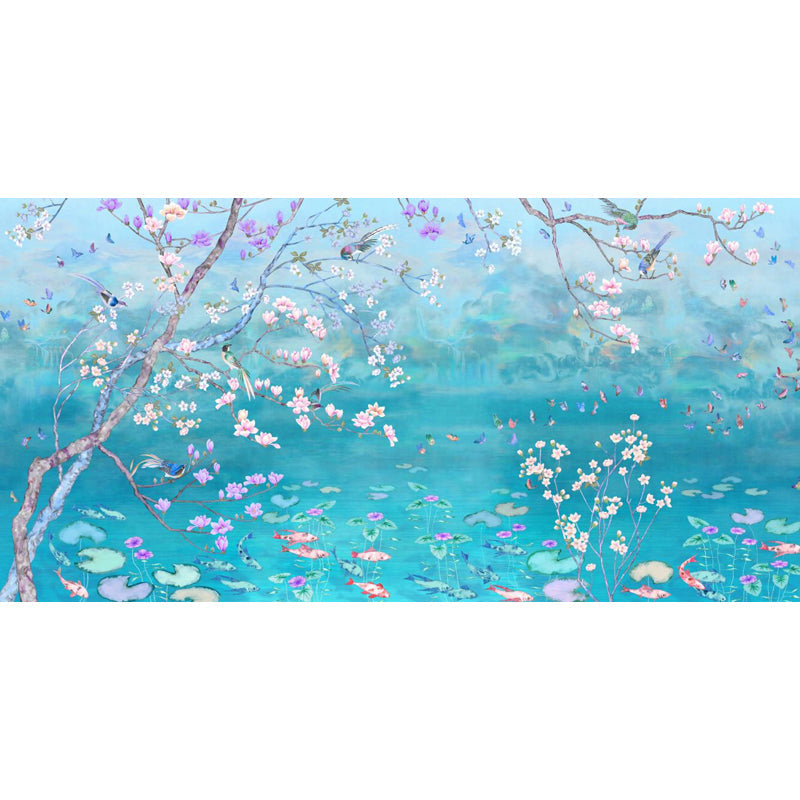 Spring Blossom Lotus Pond Mural Contemporary Waterproof Bedroom Wall Covering, Custom Made Clearhalo 'Wall Decor' 'Wall Mural' 1698008