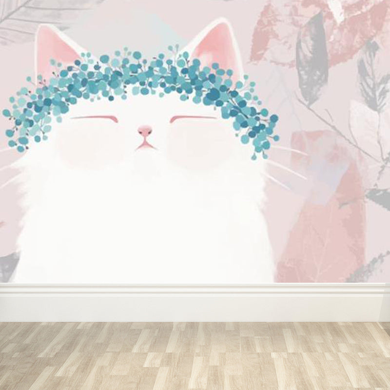 Kawaii Kitten with Wreath Mural for Girls Bedroom Animal Wall Covering, Customized Clearhalo 'Wall Decor' 'Wall Mural' 1698017