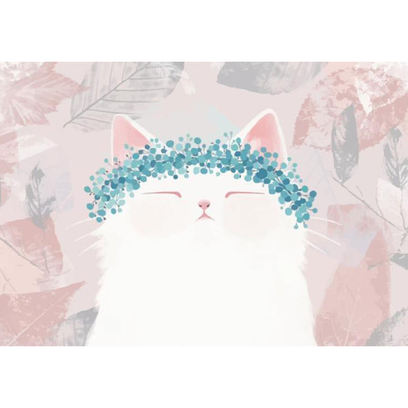 Kawaii Kitten with Wreath Mural for Girls Bedroom Animal Wall Covering, Customized Clearhalo 'Wall Decor' 'Wall Mural' 1698018