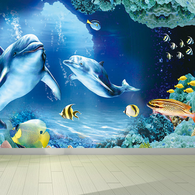Undersea World Scene Mural Decal Children's Art Non-Woven Textured Wall Decor in Blue Clearhalo 'Wall Decor' 'Wall Mural' 1698260