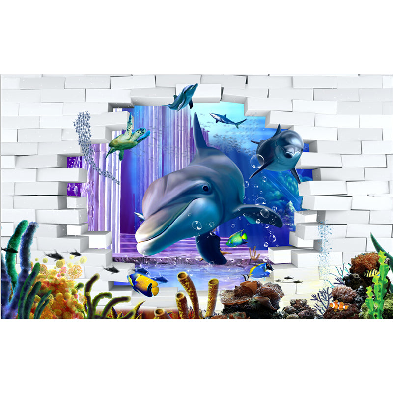 Diverting Underwater Dolphin Wall Mural Children's Art Non-Woven Material Wall Covering Clearhalo 'Wall Decor' 'Wall Mural' 1698277