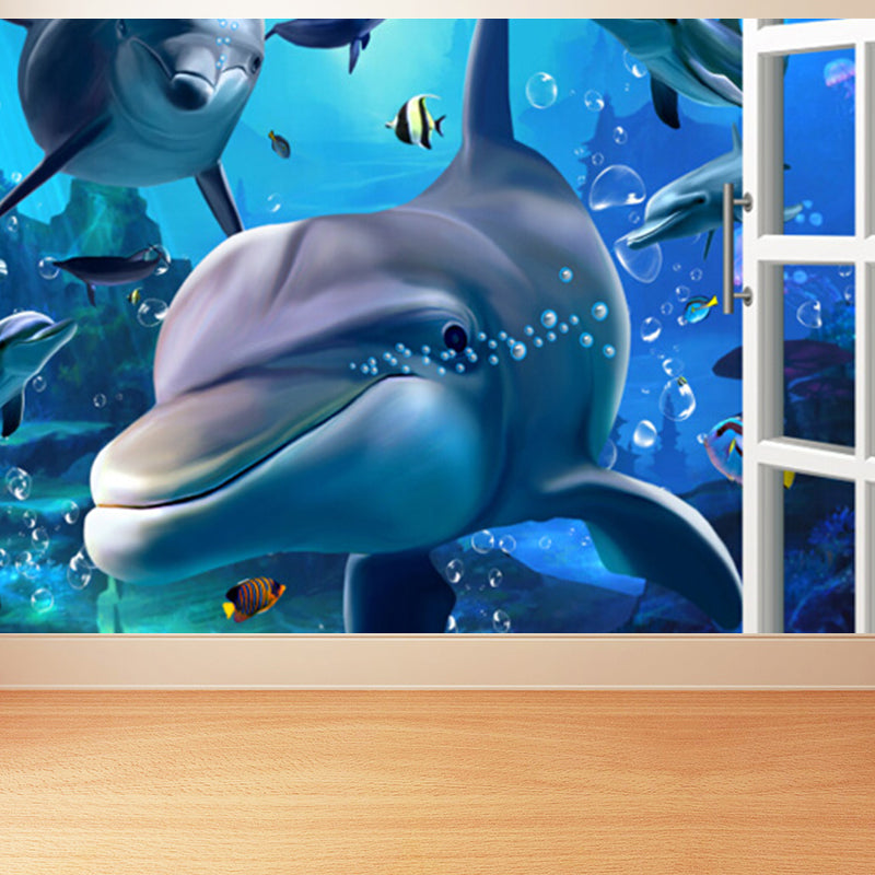 Diverting Underwater Dolphin Wall Mural Children's Art Non-Woven Material Wall Covering Clearhalo 'Wall Decor' 'Wall Mural' 1698285