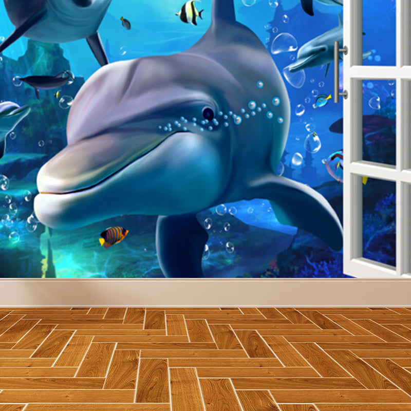 Diverting Underwater Dolphin Wall Mural Children's Art Non-Woven Material Wall Covering Clearhalo 'Wall Decor' 'Wall Mural' 1698286